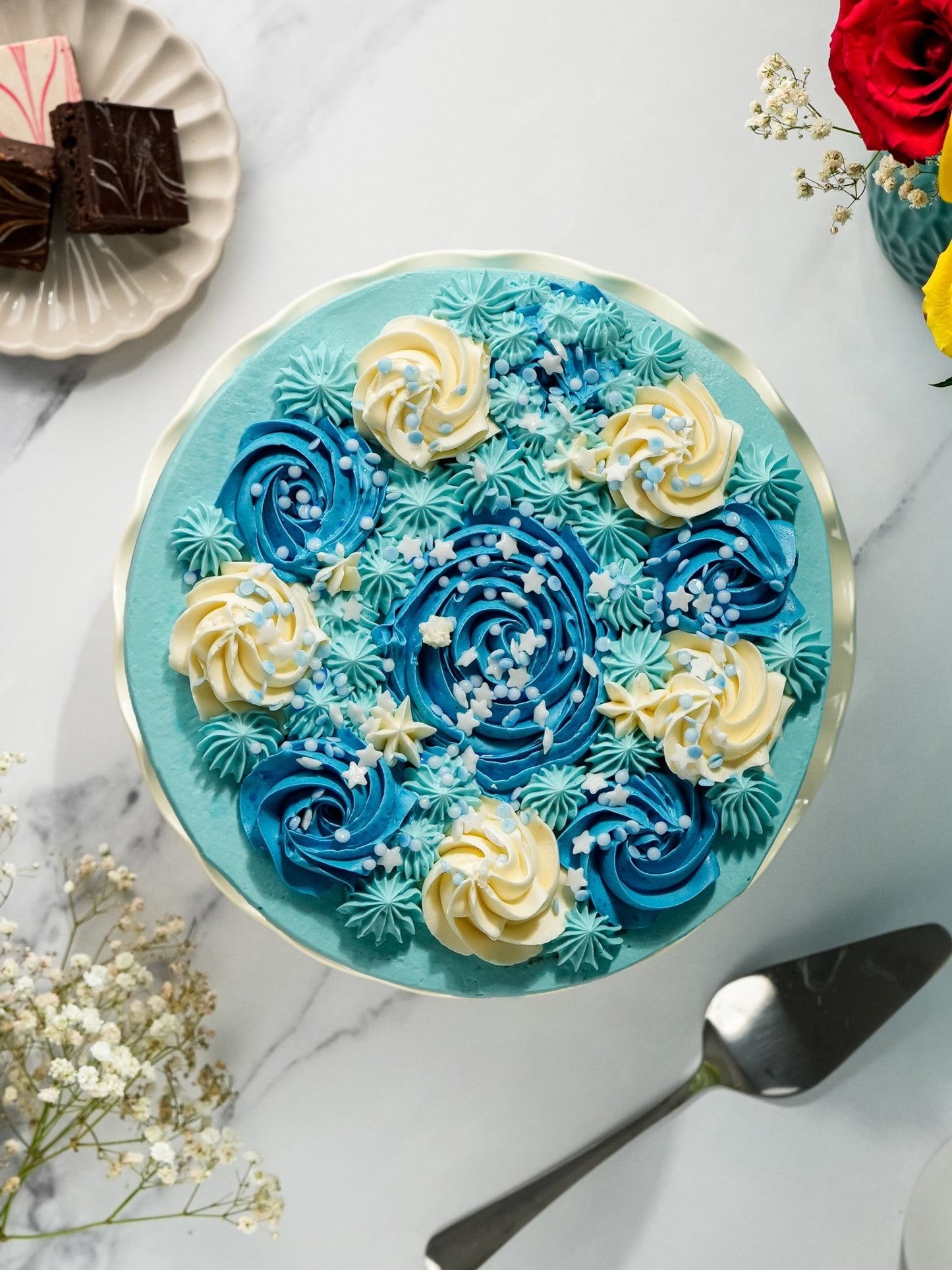 Patisserie Valerie's handmade Blue Candy Stripe Gateau cake delivery