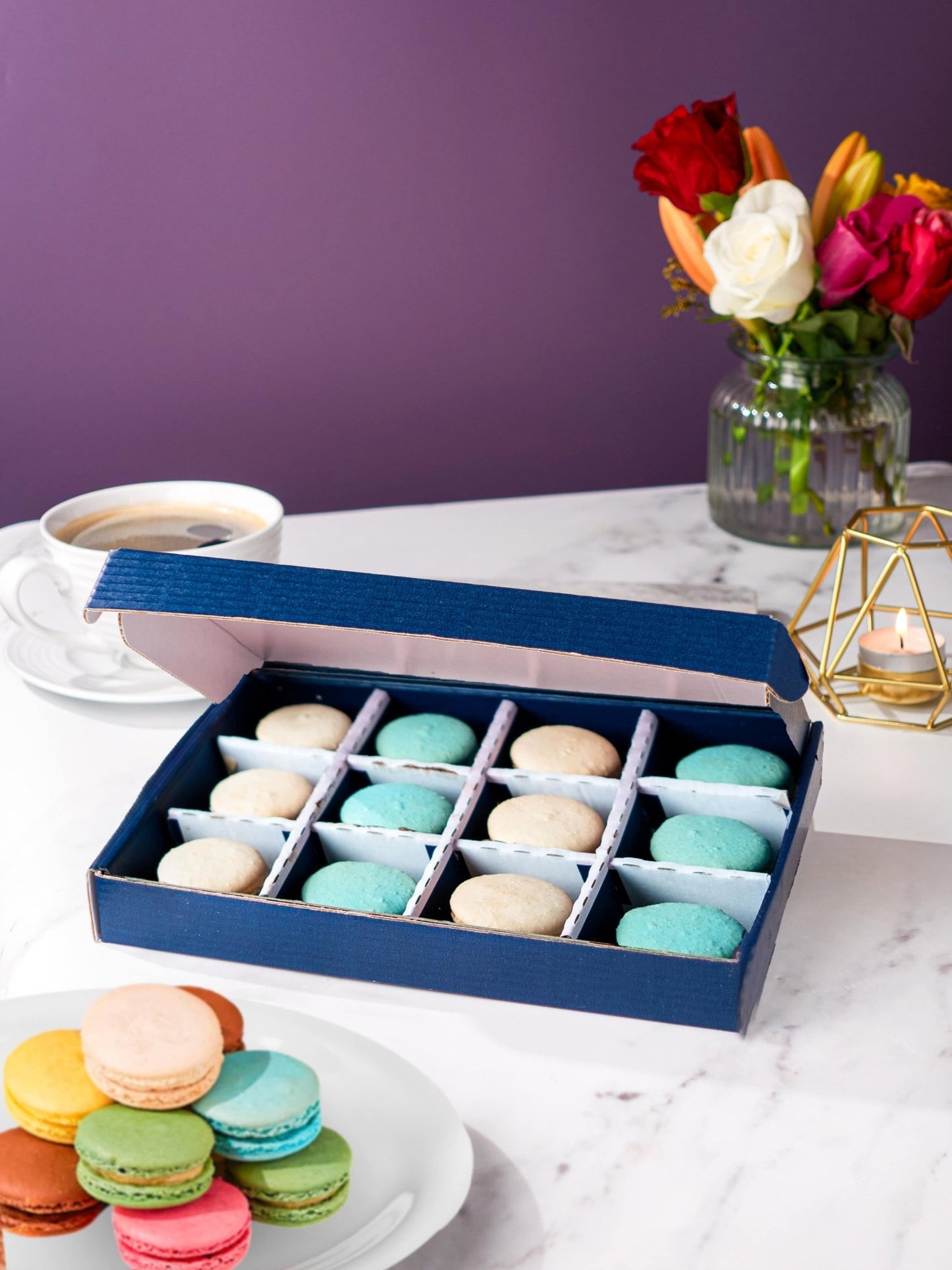 Patisserie Valerie's handmade Blue Salted Caramel & Vanilla Macarons Gift Box cake delivery