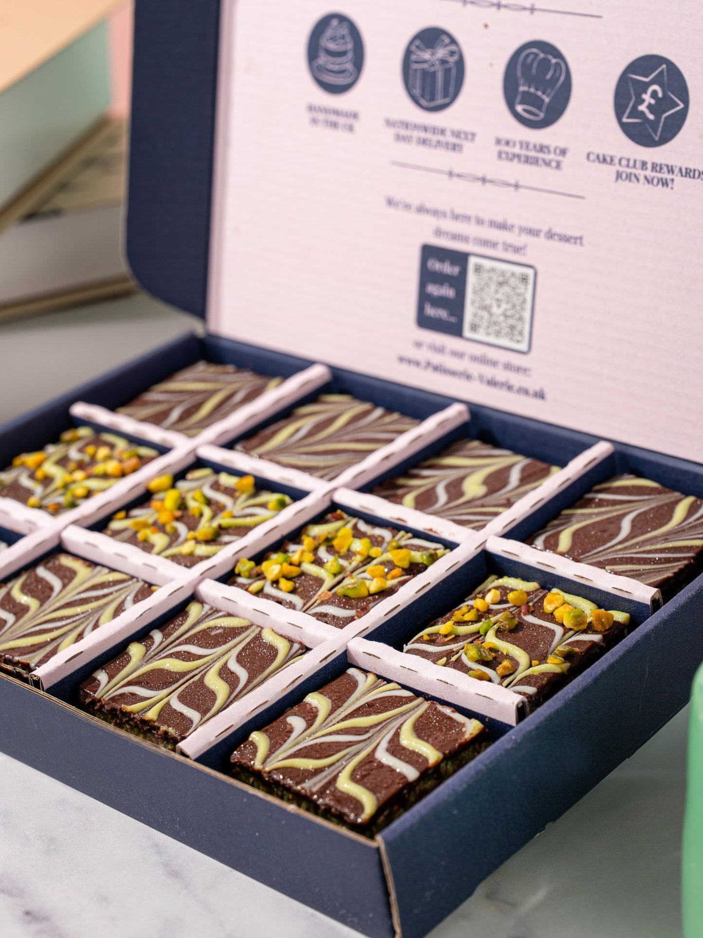 Patisserie Valerie's handmade Dubai Chocolate Brownies cake delivery