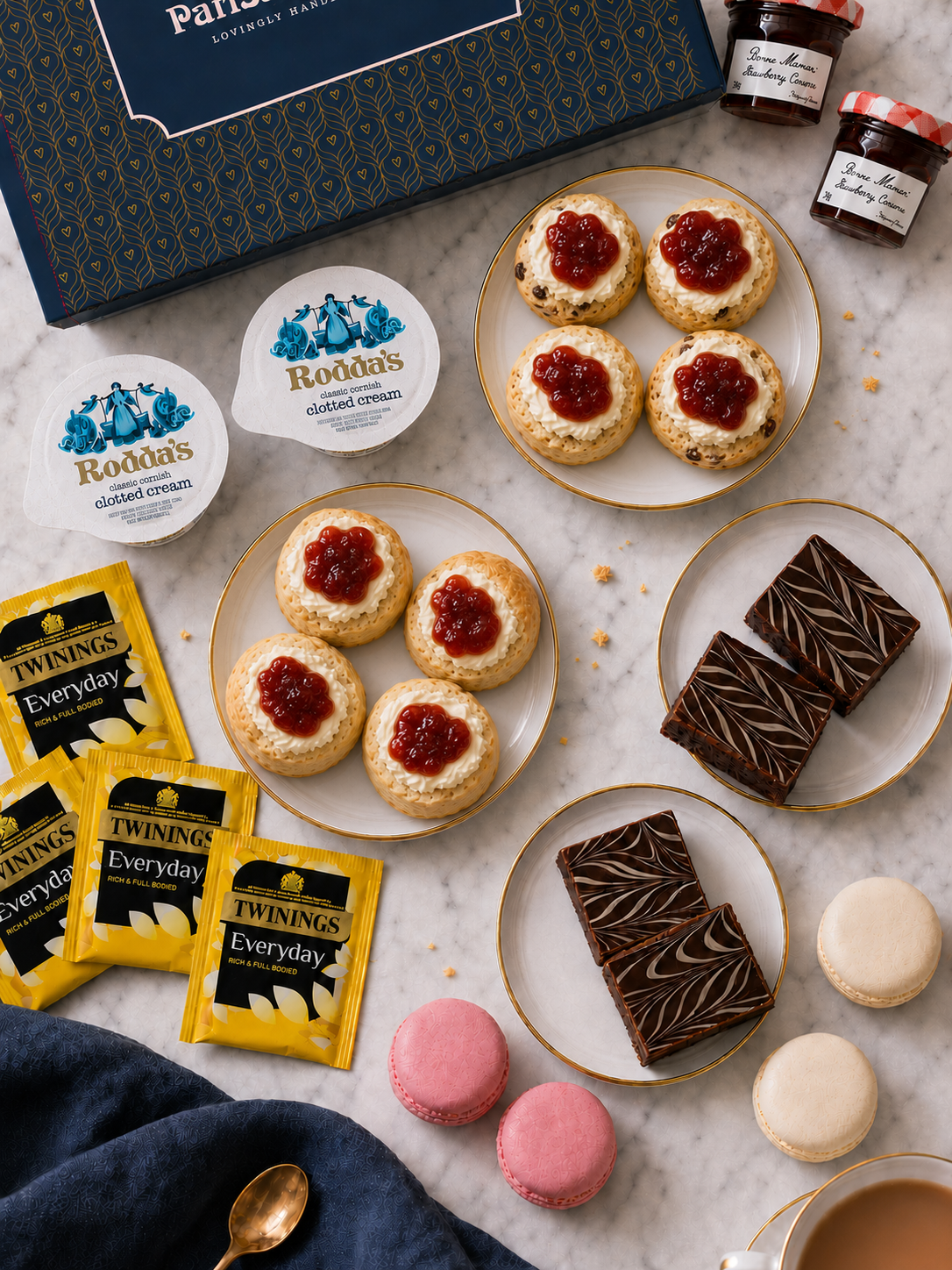 Afternoon Tea & Brownie Gift Box for 4 with scones, macarons and chocolate brownies - Patisserie Valerie