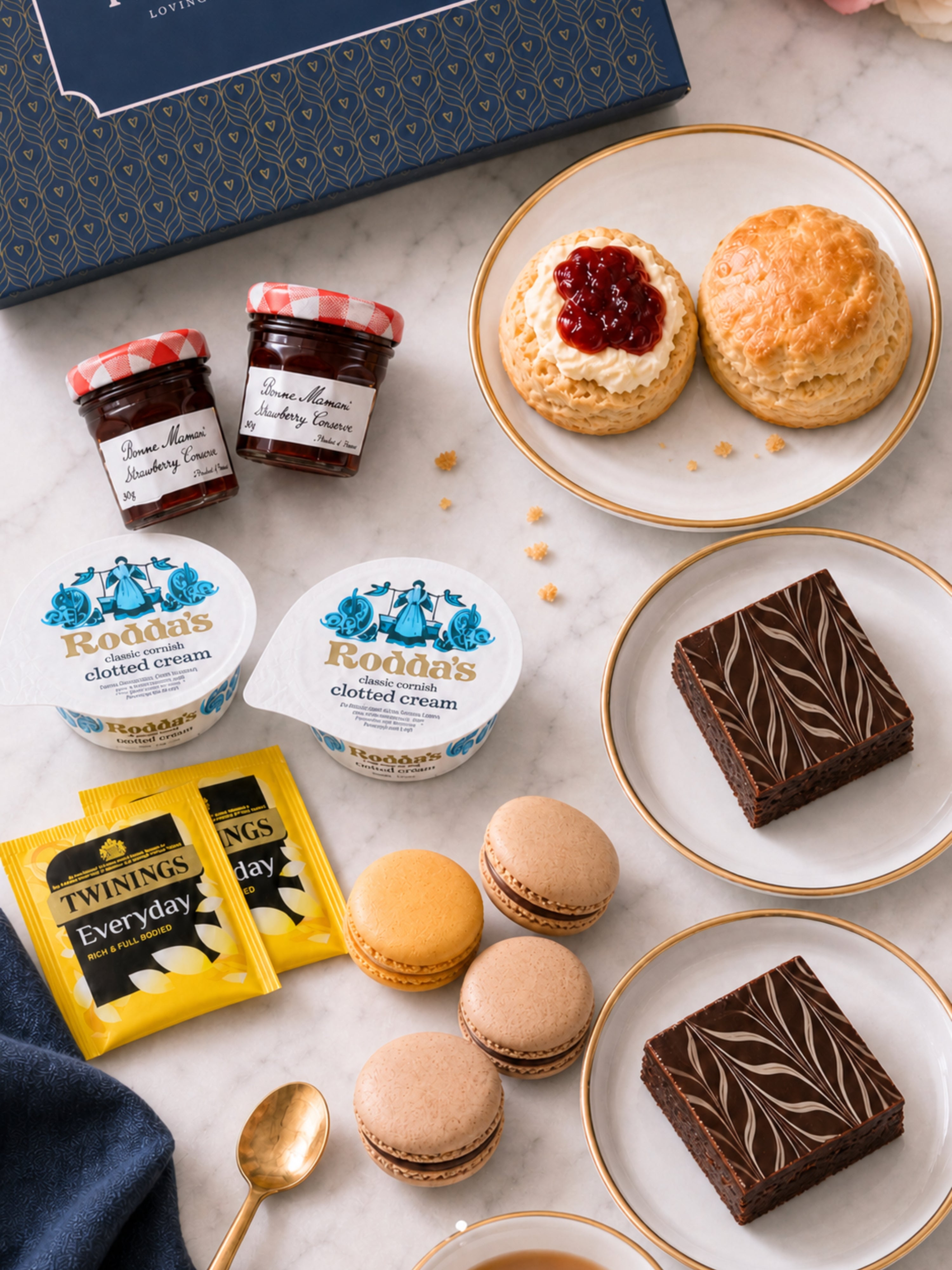 Chocolate Afternoon Tea Gift Box with scones, chocolate and salted caramel macarons and brownies - Patisserie Valerie