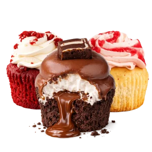 Three cupcakes with different flavors on a white background