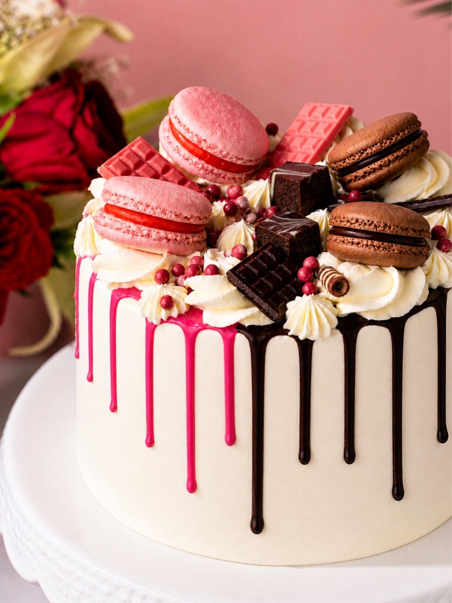 Chocolate & Blush Pink Half & Half Drip Cake - Patisserie Valerie