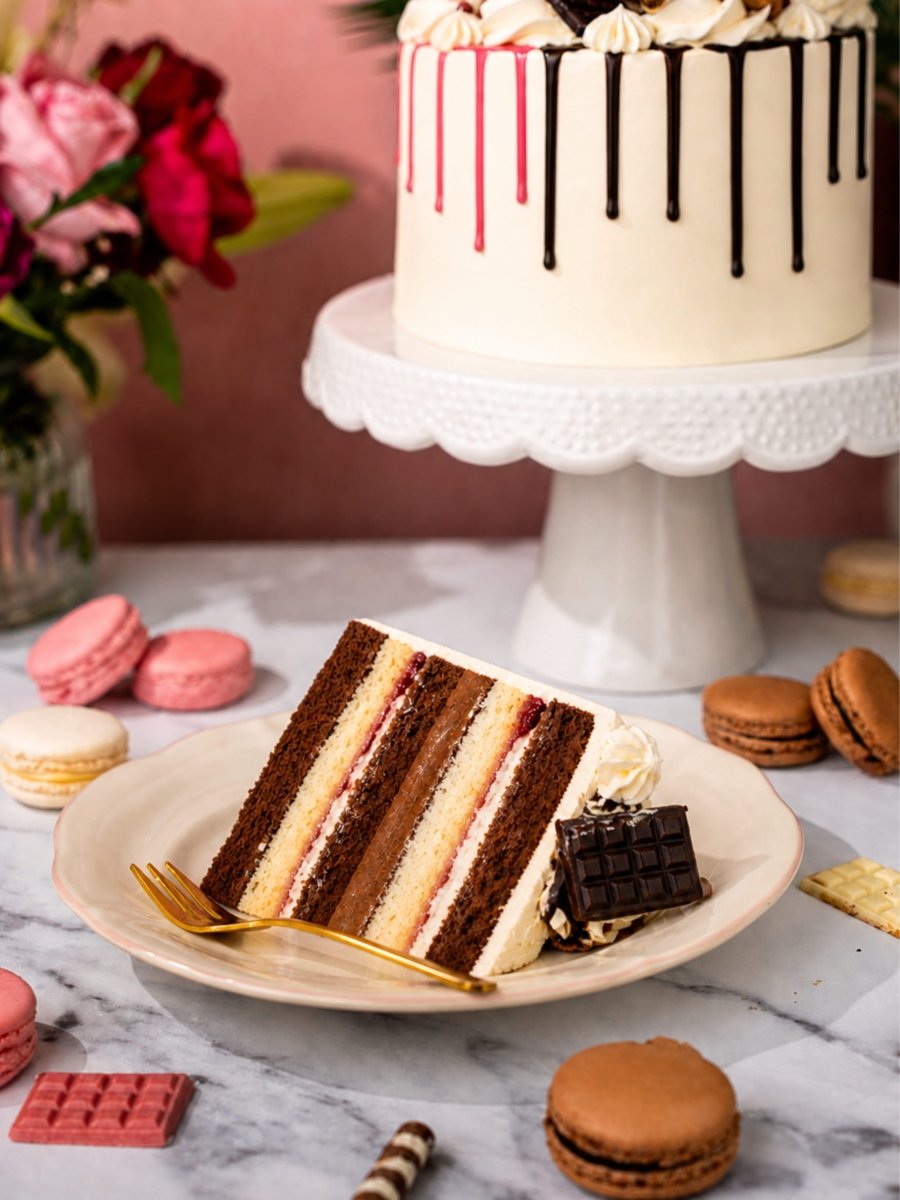 Chocolate & Blush Pink Half & Half Drip Cake - Patisserie Valerie