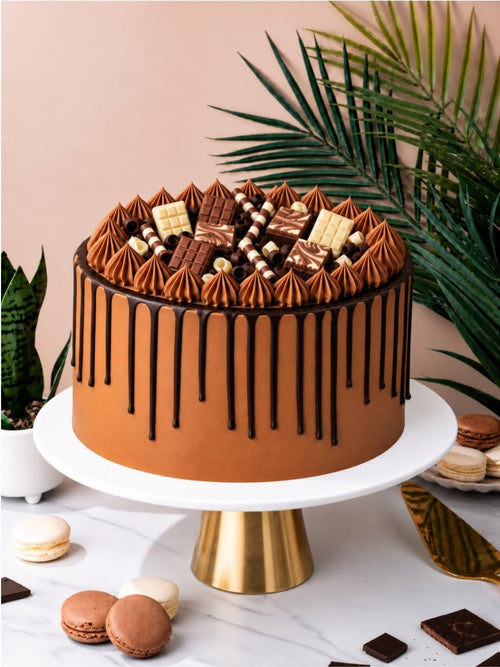 Indulgent Chocolate Celebration Cake with a chocolate drip, piped milk chocolate buttercream stars, marbled brownie bites and milk and white chocolate bars on a gold cake stand