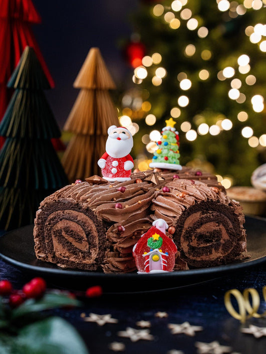 Luxury Chocolate Yule Log – Handmade Christmas Roulade with Festive Toppings