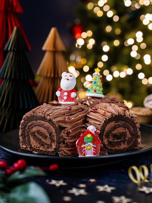 Luxury Chocolate Yule Log – Handmade Christmas Roulade with Festive Toppings
