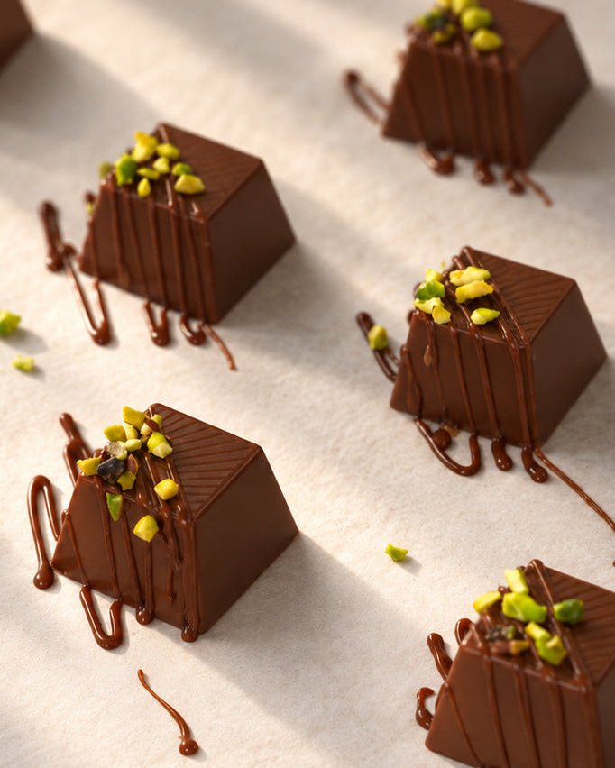 Several square chocolate truffles with drizzles and chopped pistachio toppings are arranged on a light beige surface with soft shadows.