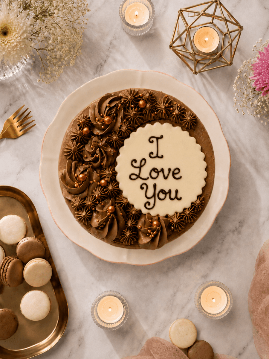 Chocolate cake with 'I Love You' message on a marble surface with candles and macarons.