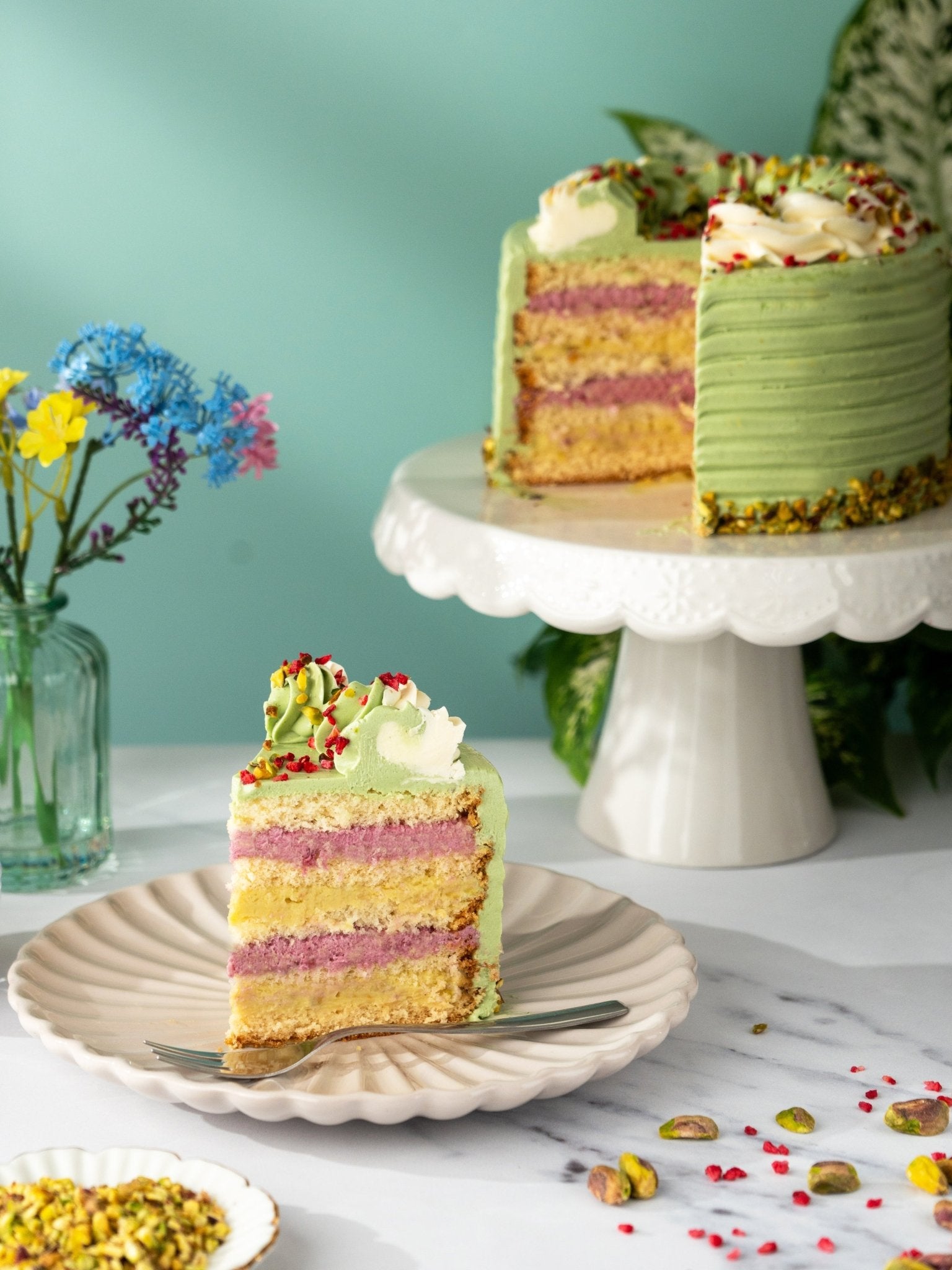 Patisserie Valerie's handmade Pistachio and Raspberry Delight Cake cake delivery 