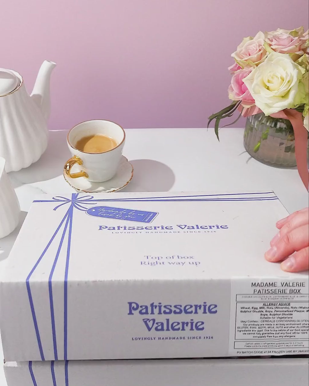 Patisserie Valerie's handmade Office Birthday Treat Drop patisserie box of cake slices being opened and served