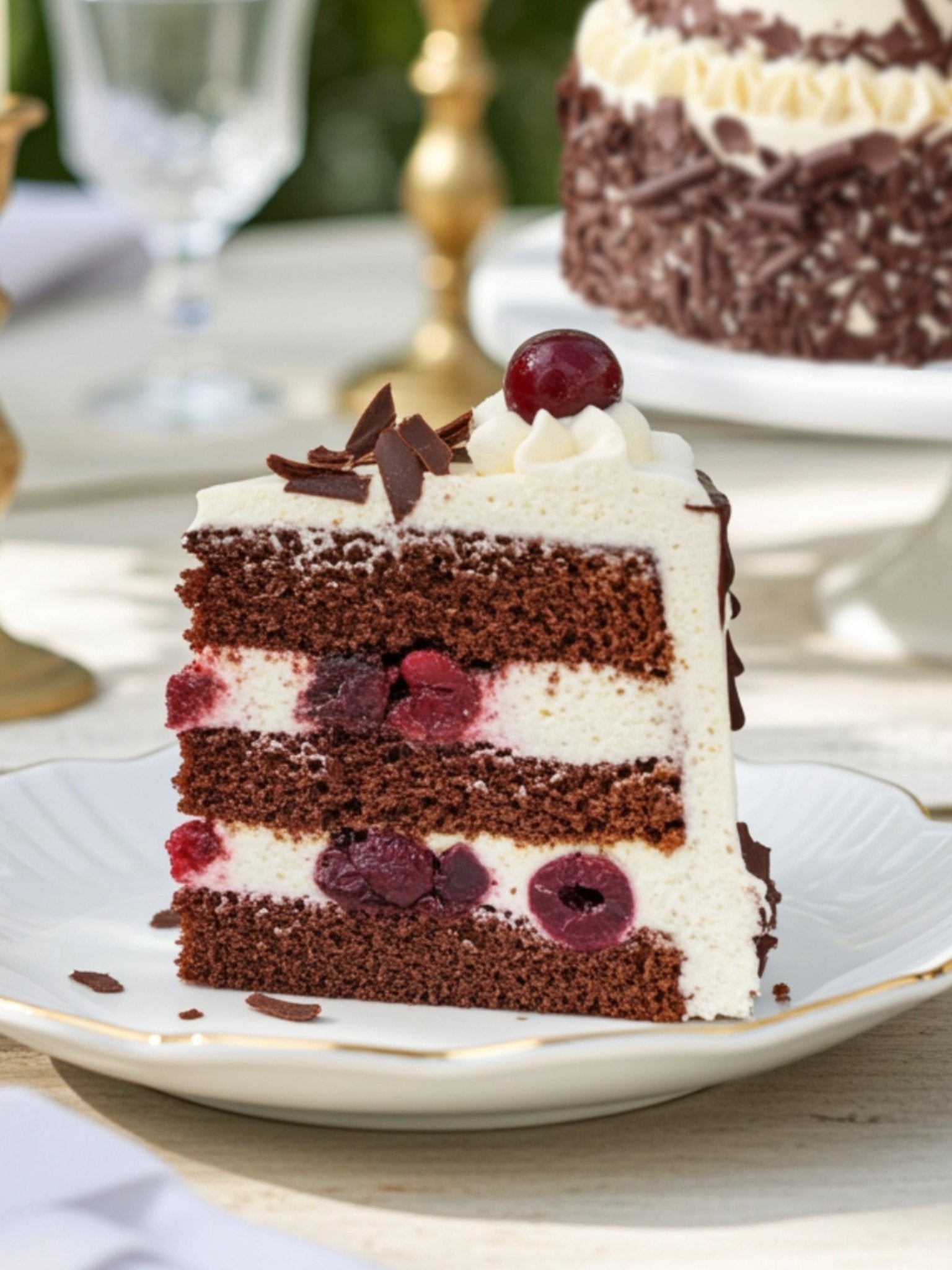 Patisserie Valerie's handmade Luxury Black Forest Gateau with Kirsch, sliced to reveal cherry and cream layers