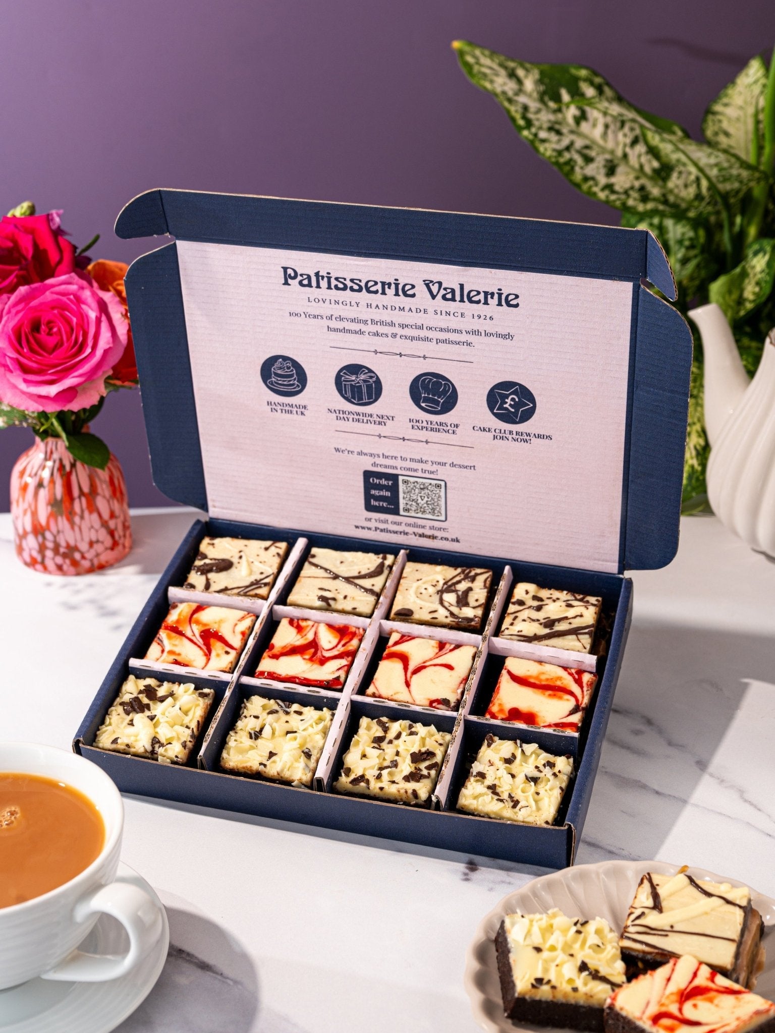 Patisserie Valerie's handmade Thank You Luxury Brownies Gift Box being opened, brownies lifted out and served