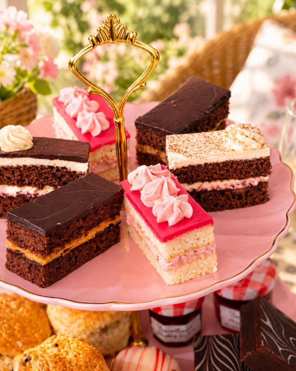 Patisserie Valerie's handmade Afternoon Tea with Prosecco — cake slices, scones and prosecco on a tiered stand