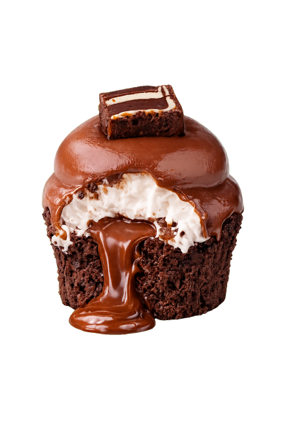 Chocolate Mallow Brownie cupcake cut open to show the filling