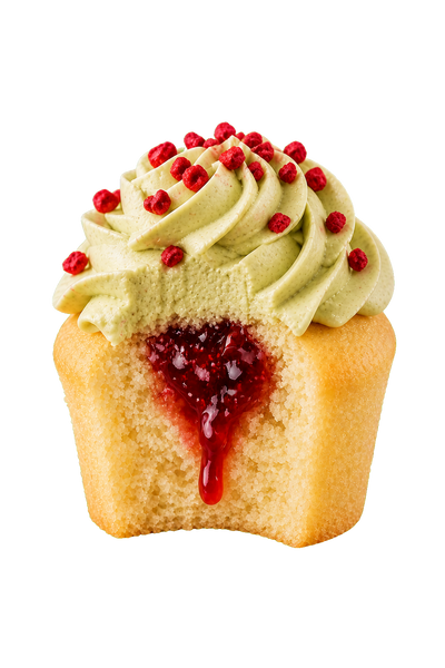 Raspberry and Matcha cupcake cut open to show the raspberry filling