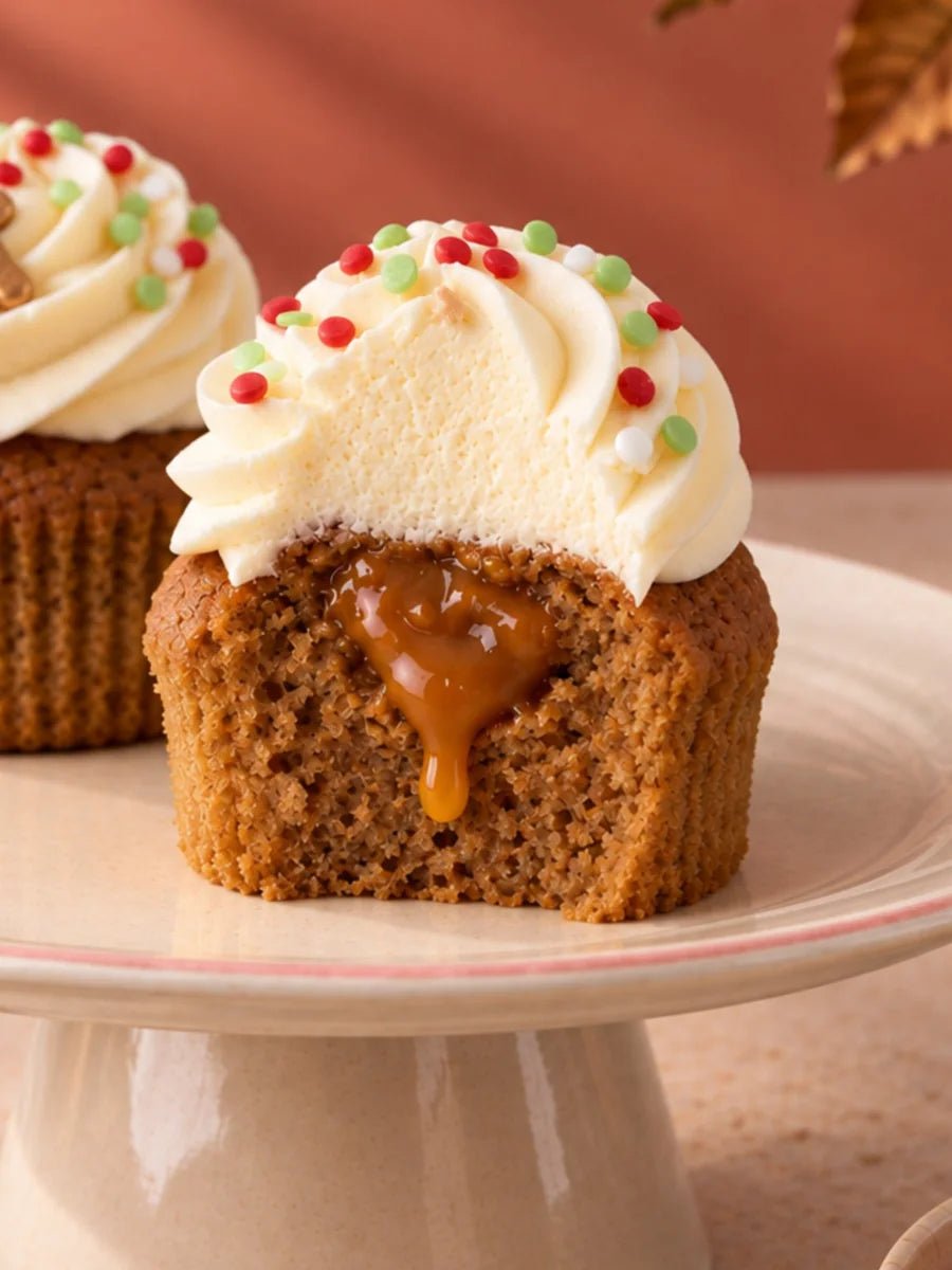 Gingerbread & Salted Caramel cupcake with a bite taken, showing the salted caramel centre under vanilla frosting and sprinkles