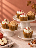 The Cosy Cupcake Box: Toffee Apple, Classic Red Velvet and Gingerbread & Salted Caramel cupcakes on cream cake stands