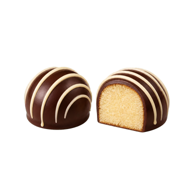 Vanilla and dark chocolate cake bite flavour included, two transparent cake bites with plain sponge centre